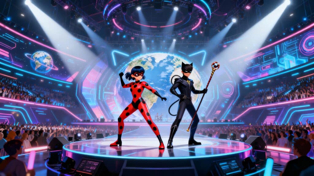 Deux super-héros sur scène avec décor futuriste.