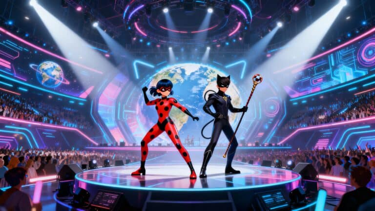 Deux super-héros sur scène avec décor futuriste.