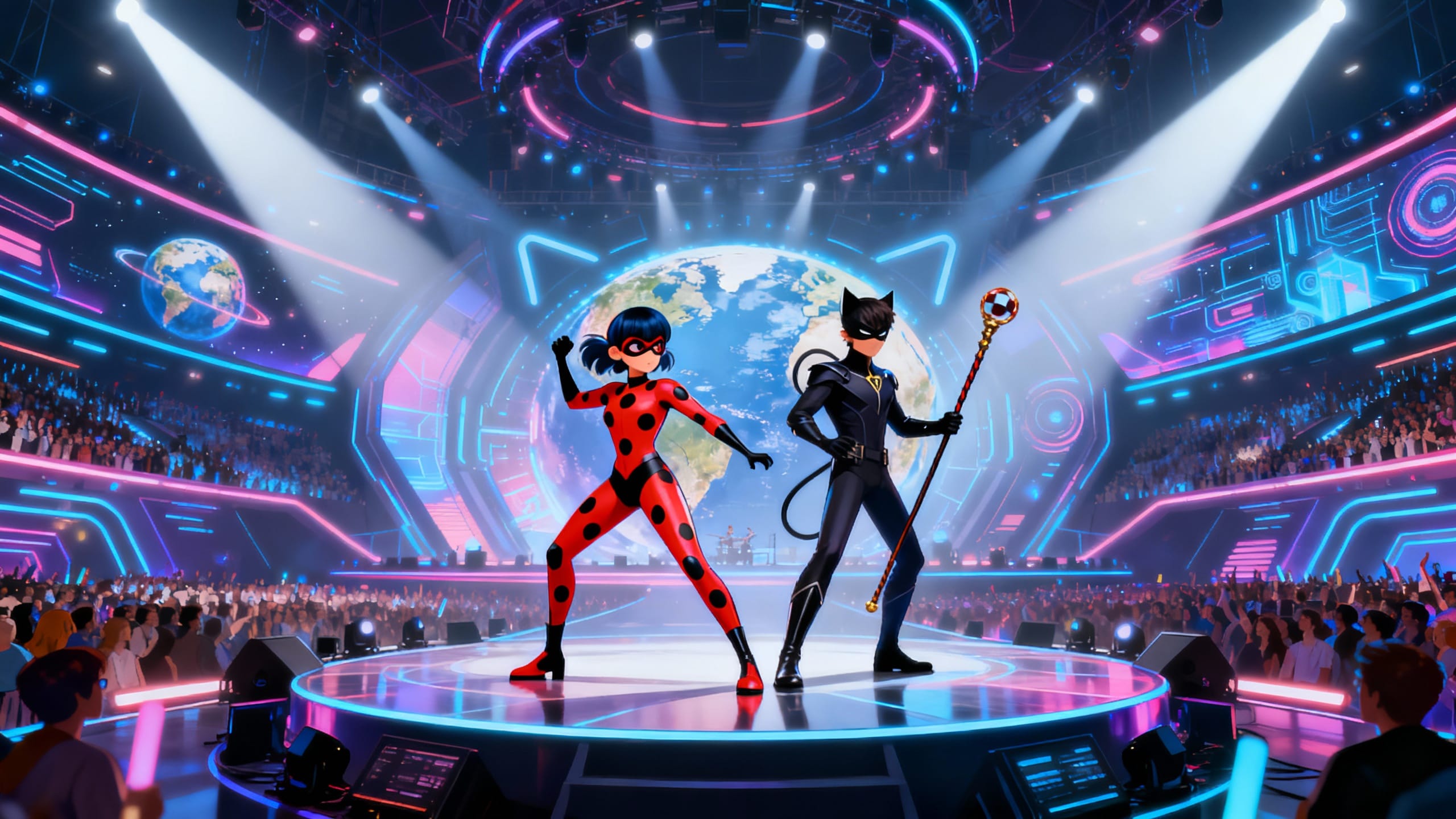 Deux super-héros sur scène avec décor futuriste.