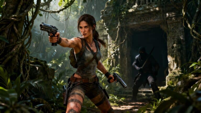 Aventurière armée explorant une jungle dense.