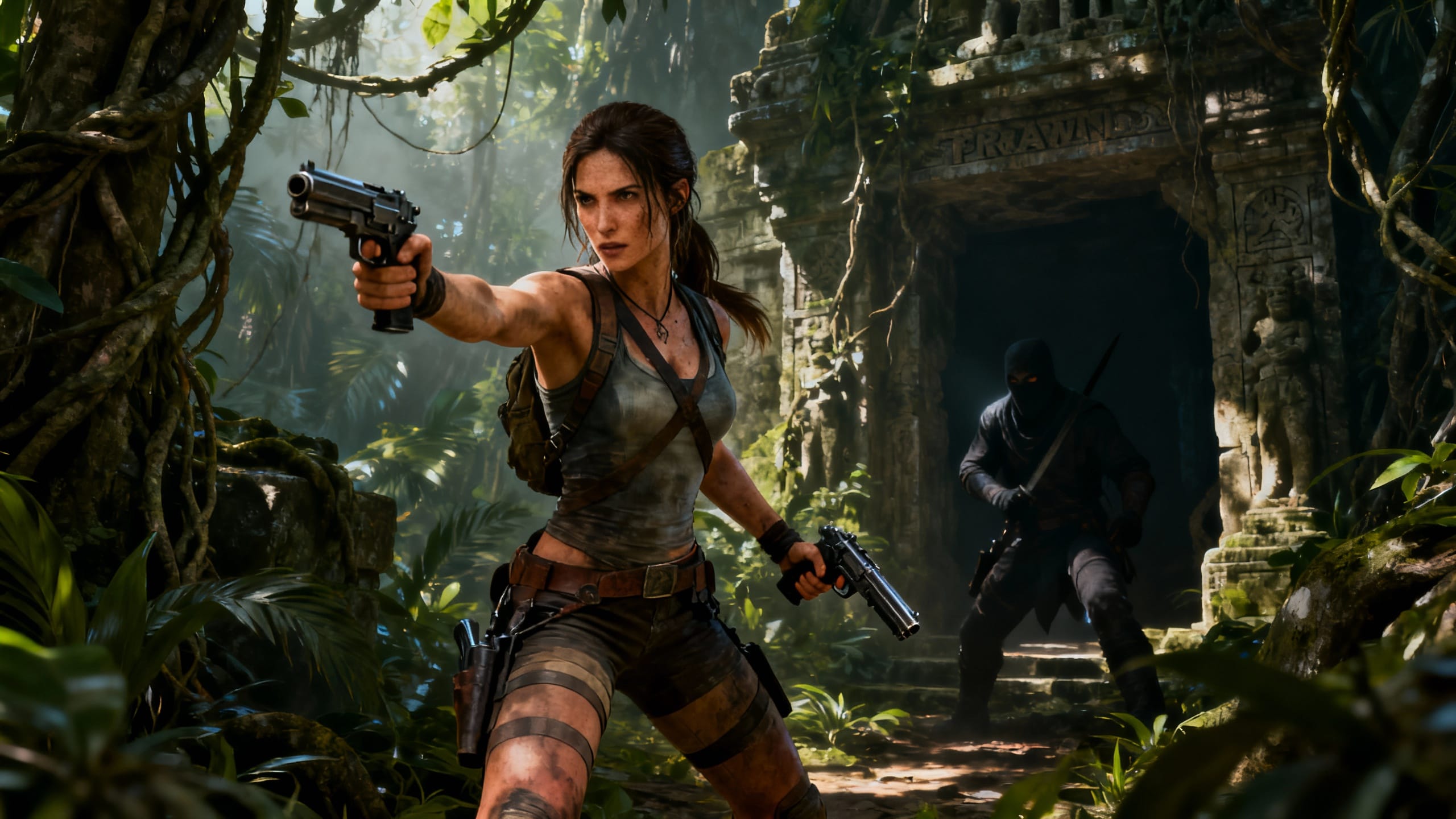 Aventurière armée explorant une jungle dense.