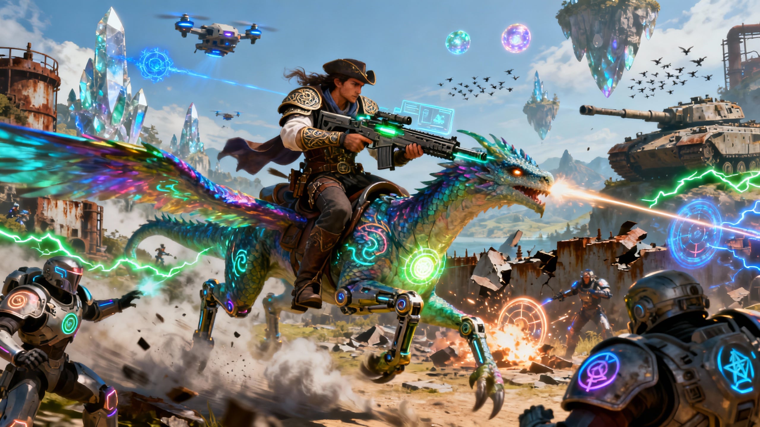 Guerrier sur un dragon combattant des robots futuristes.