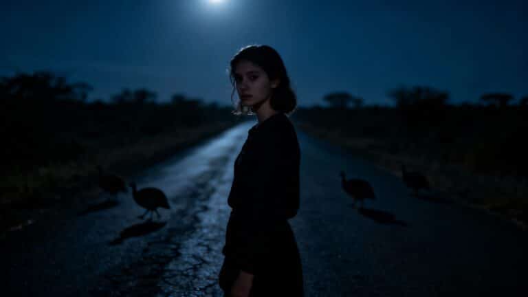 Personne debout la nuit sur la route éclairée.