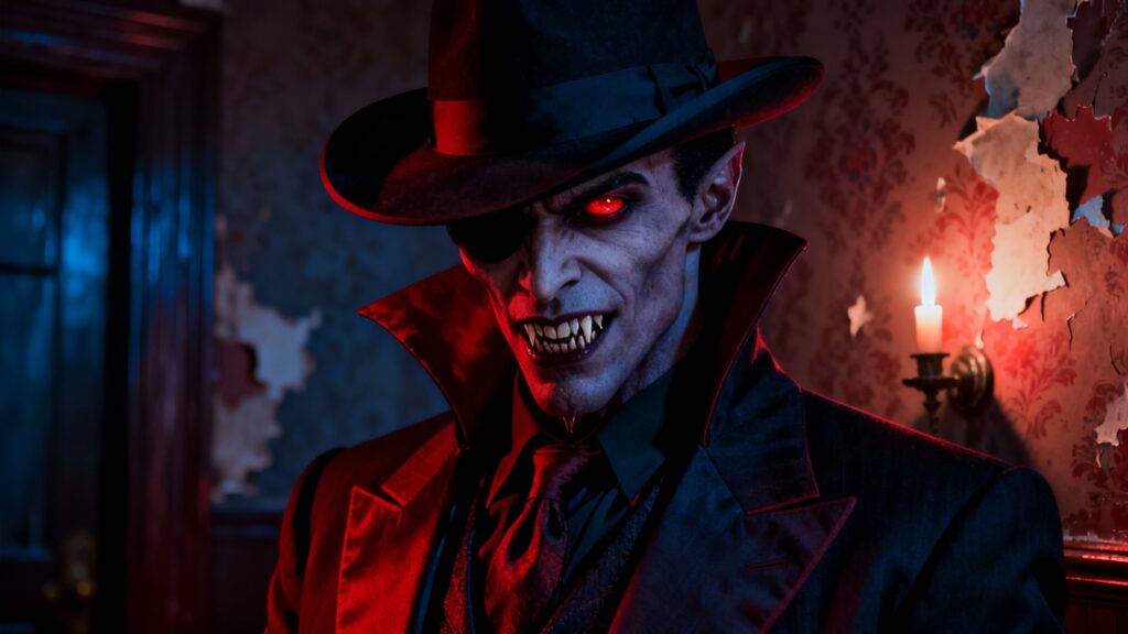 Vampire menaçant avec un chapeau et dents acérées.