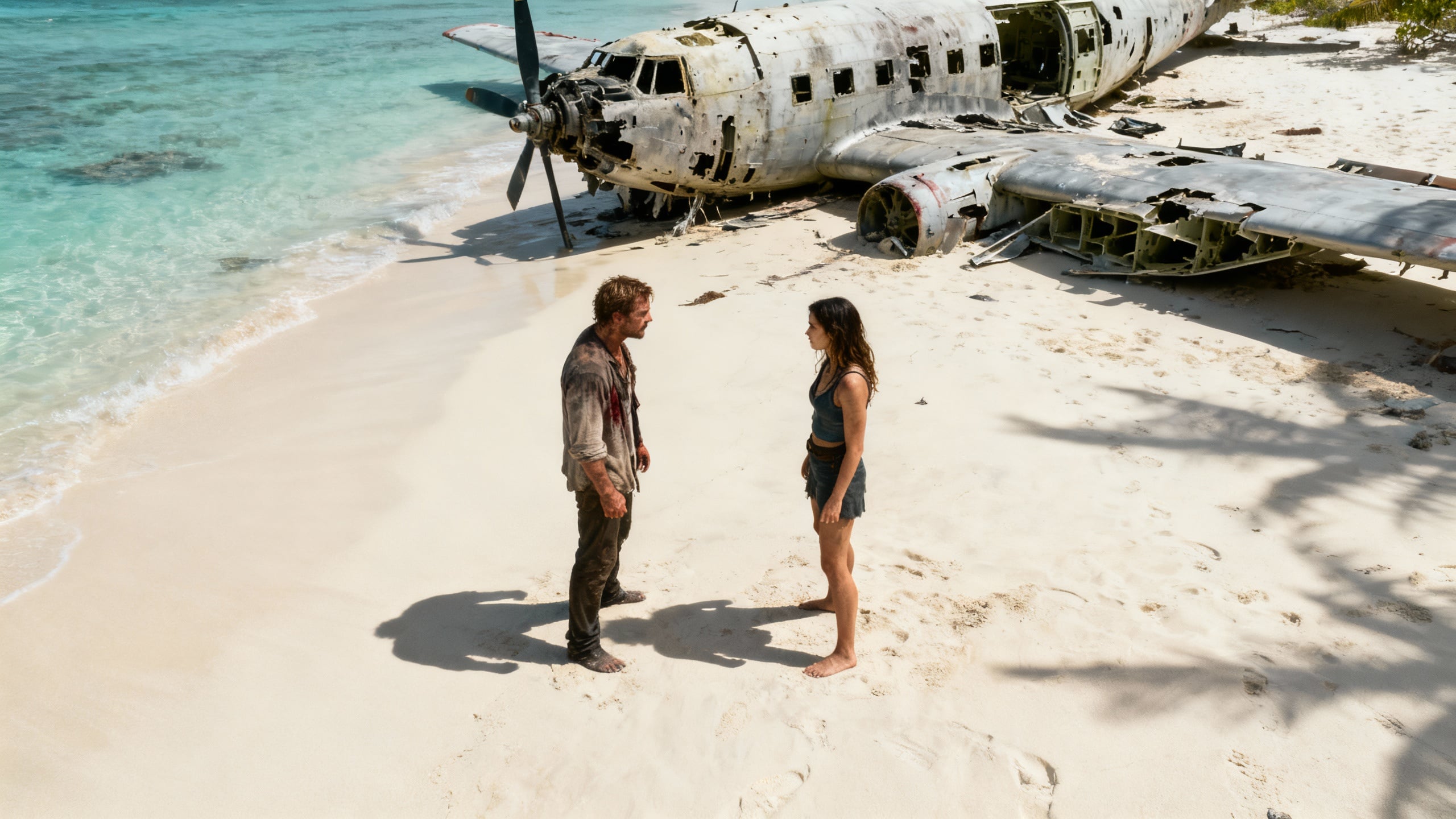 Deux personnes près d'un avion écrasé sur la plage.