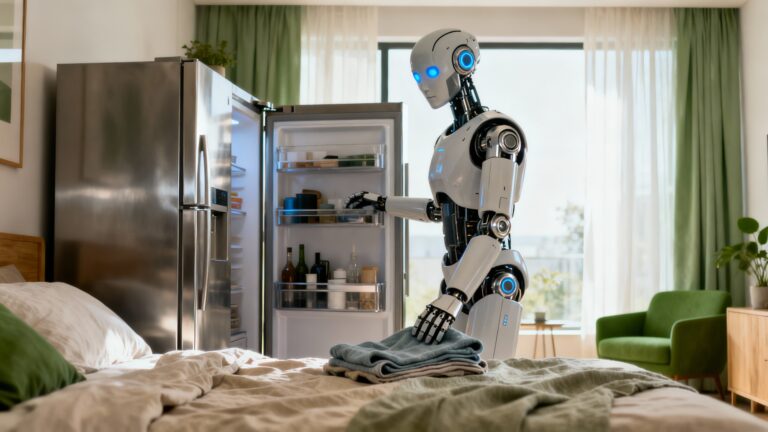 Robot range linge à côté d'un réfrigérateur.