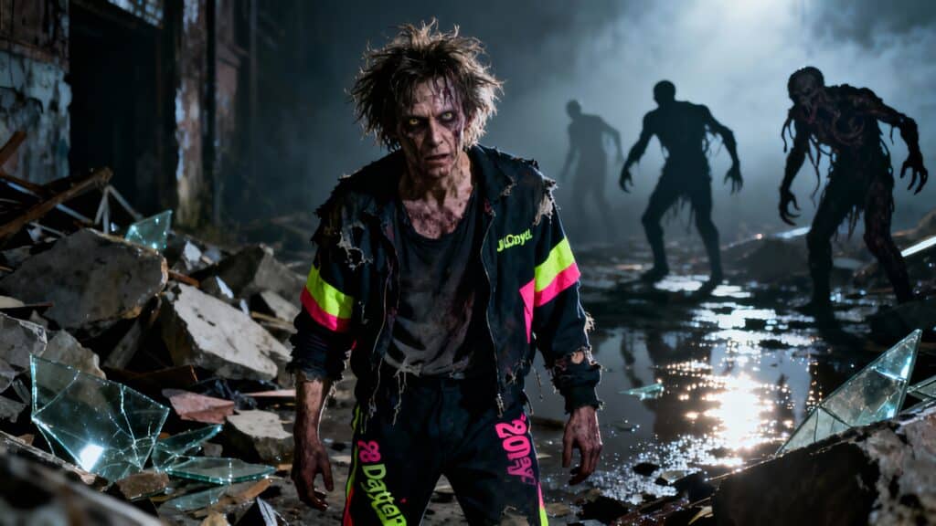 Zombies dans un entrepôt sombre, vêtements déchirés et sales.