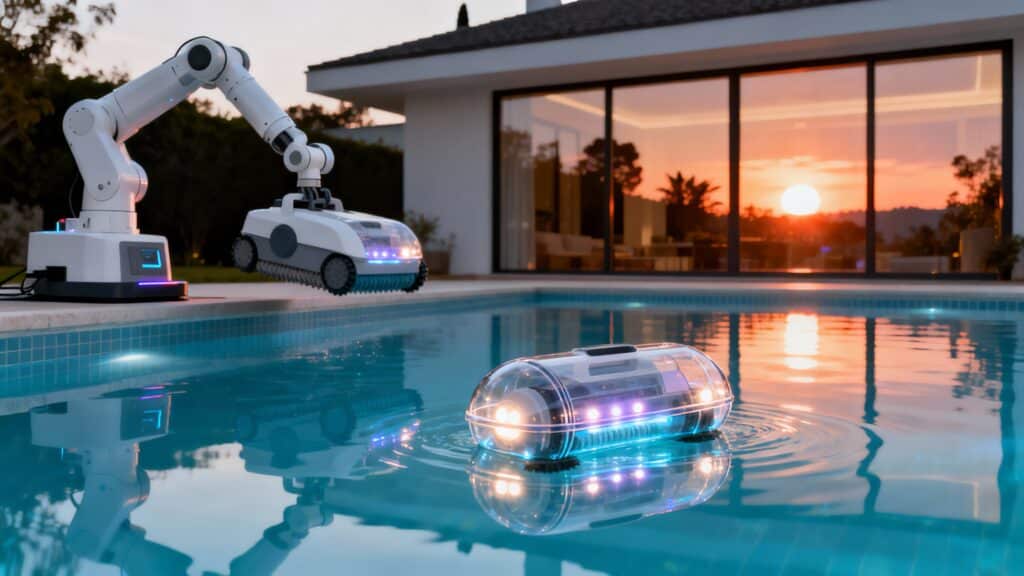 Robots nettoyant une piscine au coucher du soleil.