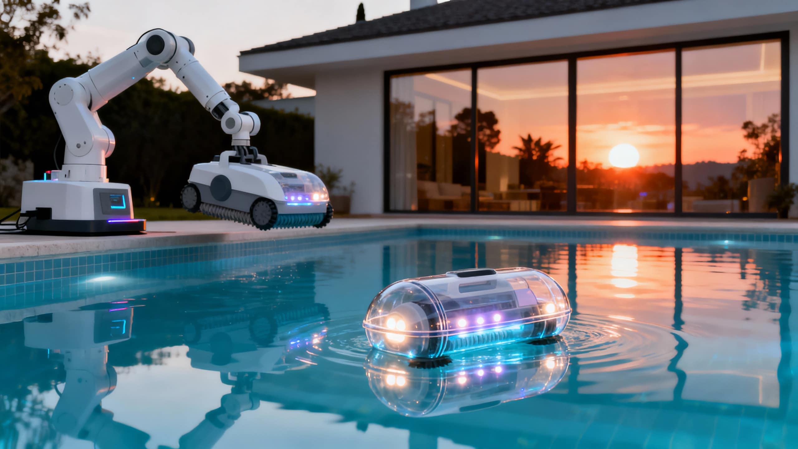 Robots nettoyant une piscine au coucher du soleil.