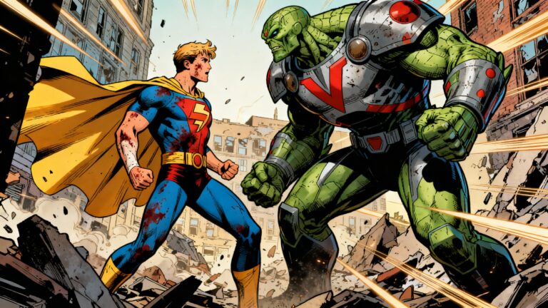 Super-héros et monstre s'affrontent parmi des décombres.