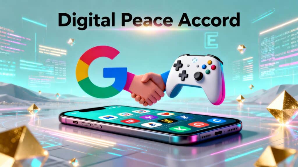 Accord numérique : Google et manette, poignée de main.