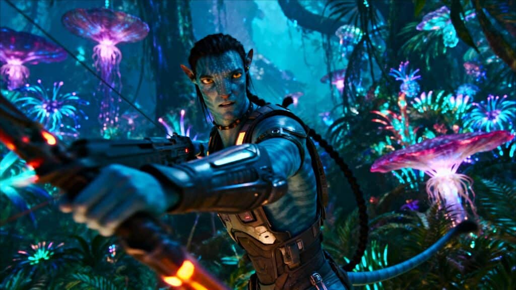 Personnage bleu avec arc dans forêt lumineuse.