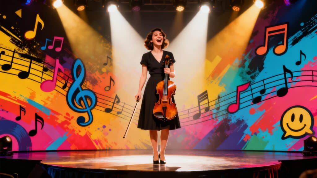 Concert violoniste devant décor coloré de notes musicales.