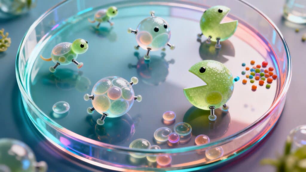 Figurines moléculaires colorées sur boîte de Petri.