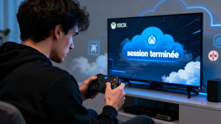 Joueur tenant une manette devant écran Xbox, session terminée.