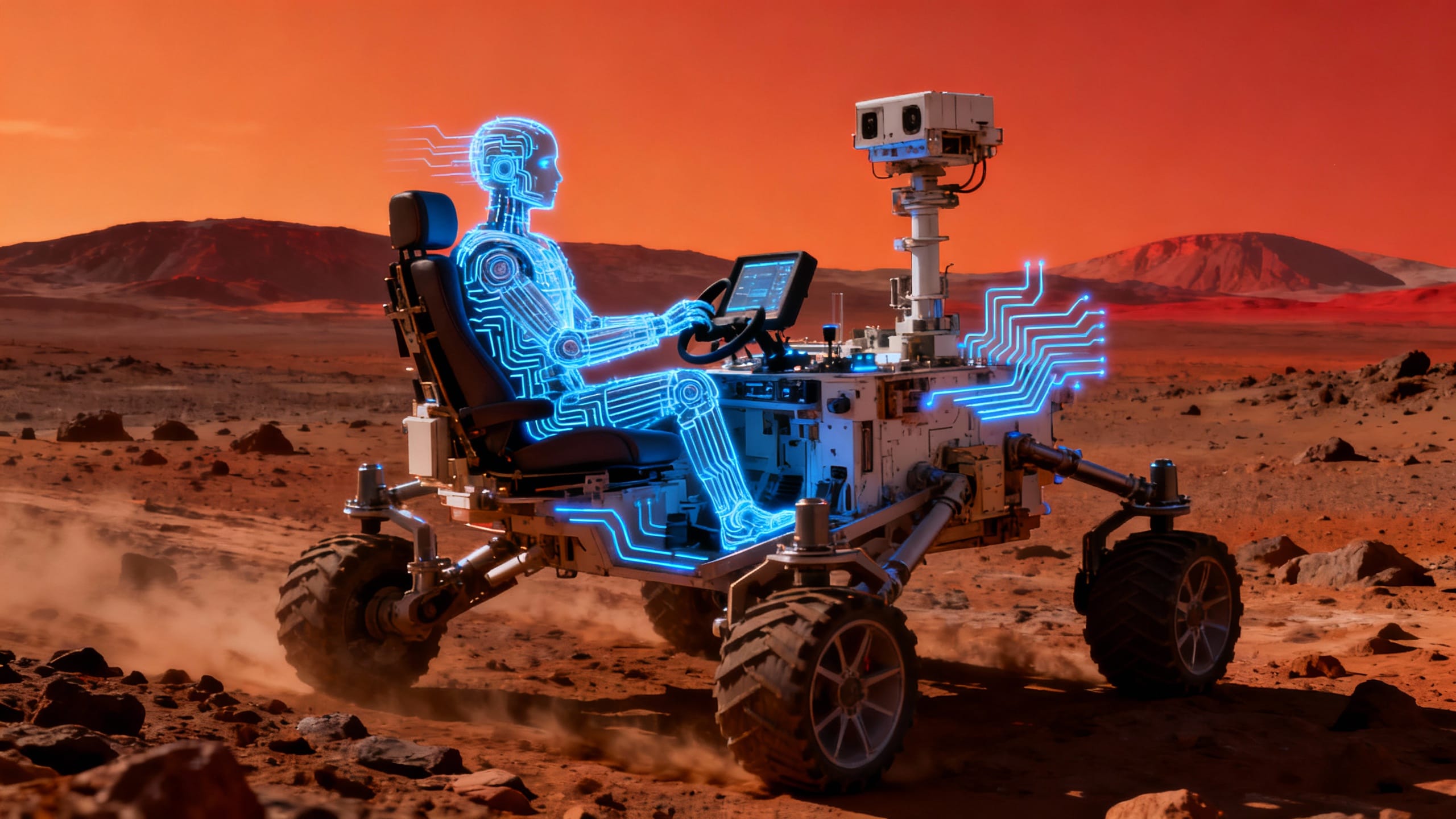 Robot conduit rover sur Mars rouge.
