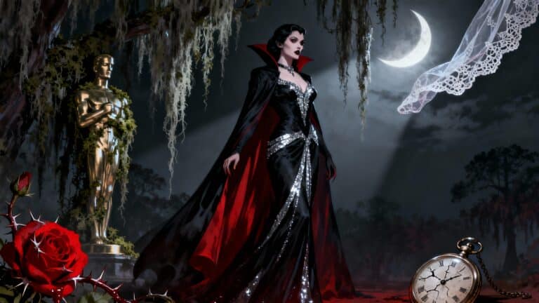 Vampire élégant, statue dorée, horloge, lune et rose.