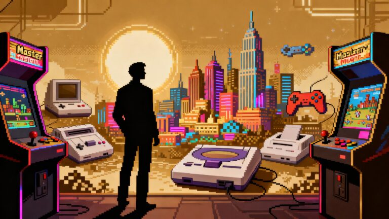 Homme devant paysage urbain rétro futuriste et consoles.