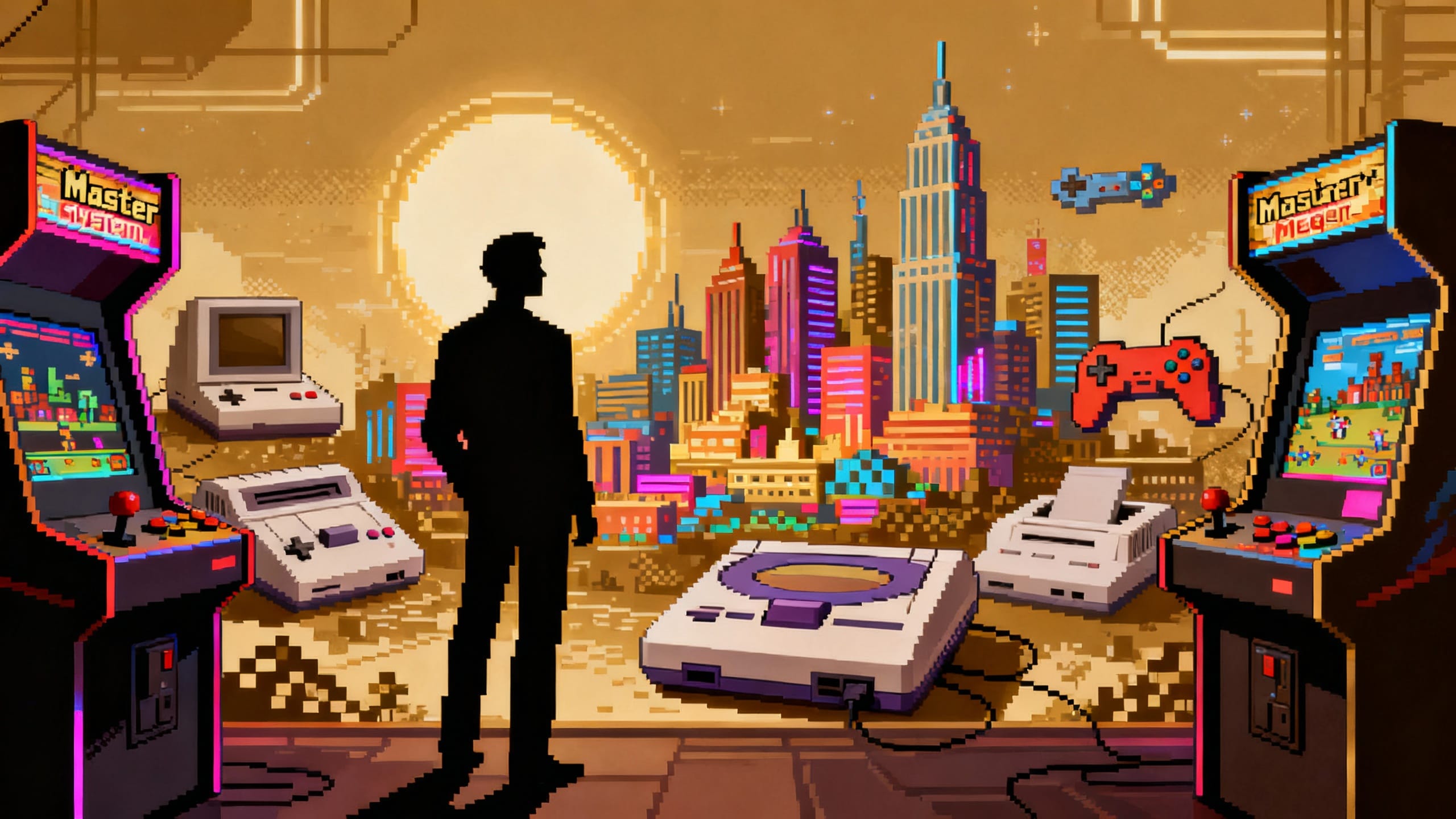 Homme devant paysage urbain rétro futuriste et consoles.