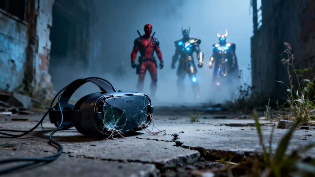 Casque VR cassé sur sol, personnages en arrière-plan.