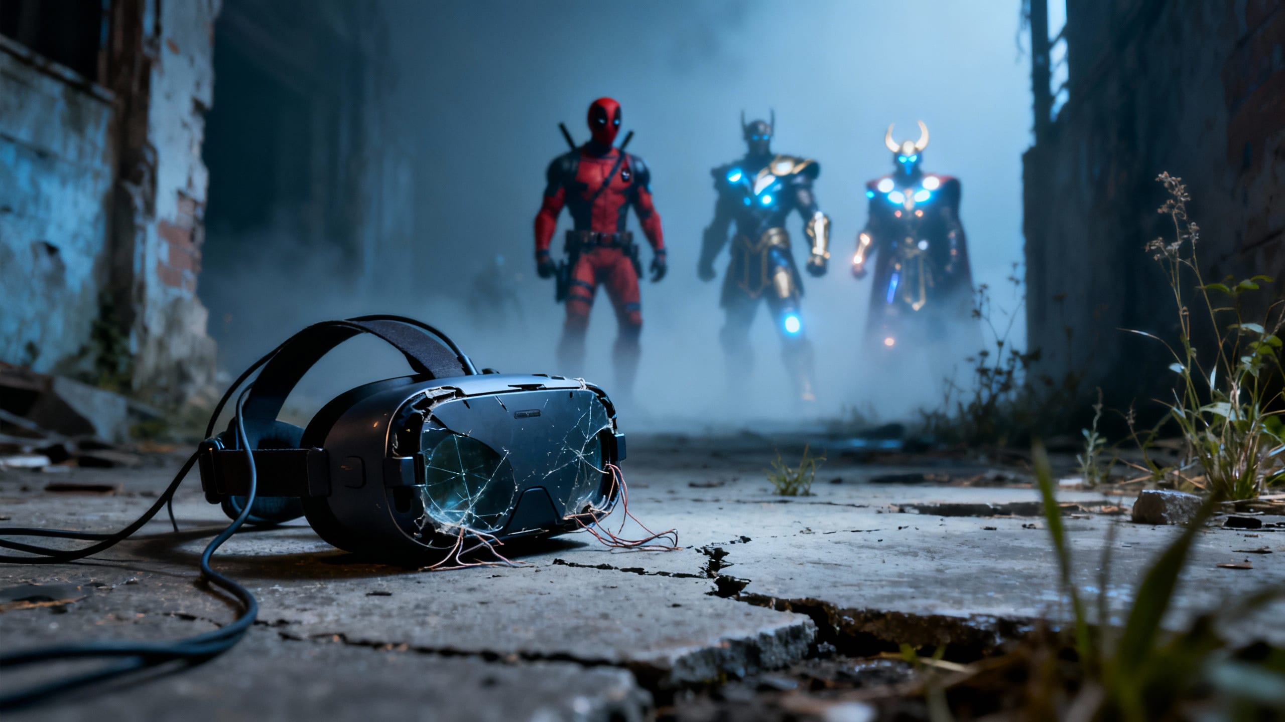 Casque VR cassé sur sol, personnages en arrière-plan.