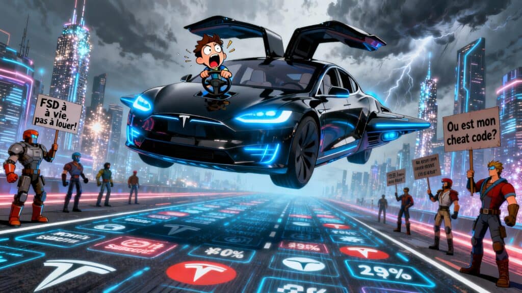 Voiture noire volante futuriste avec personnages animés.