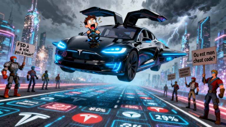 Voiture noire volante futuriste avec personnages animés.