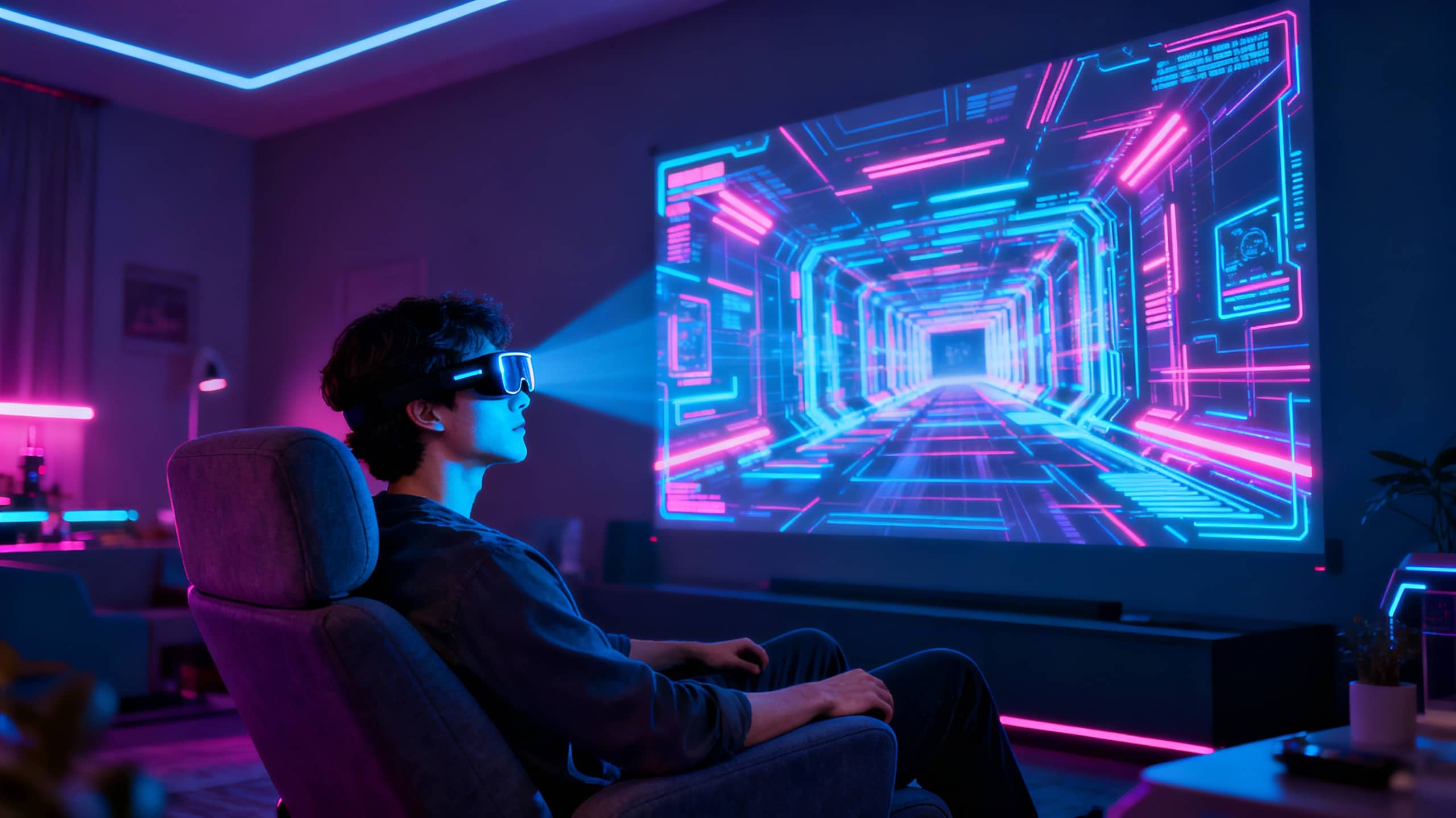 Homme regardant un écran futuriste avec lunettes VR.