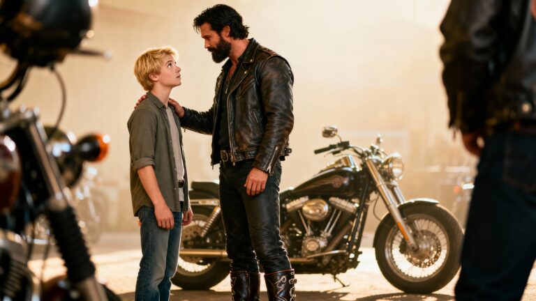 Homme et garçon près d'une moto, ambiance garage.