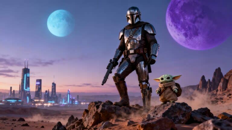 Personnage armé et créature sur fond de planète