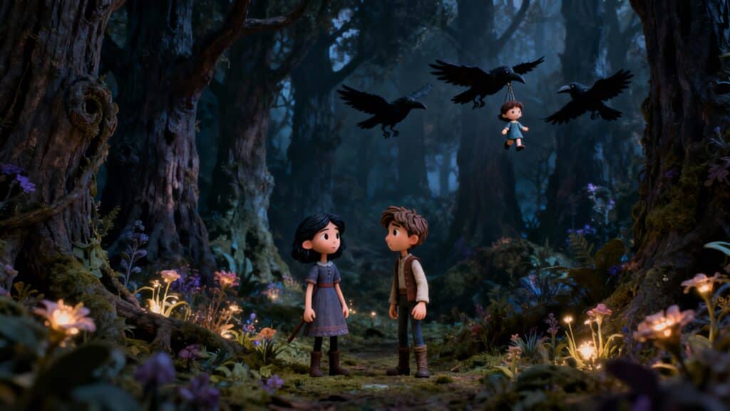 Enfants dans la forêt, corbeaux portant une poupée.