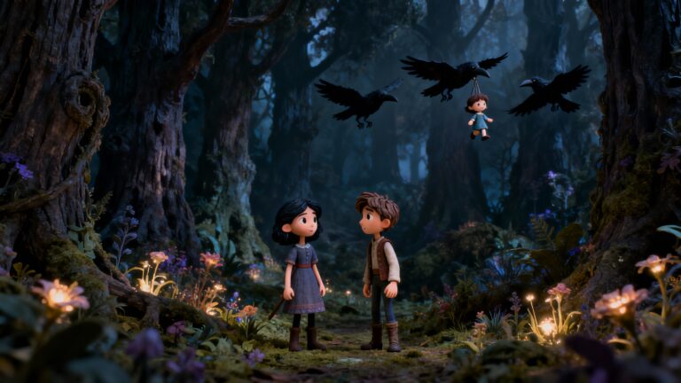 Enfants dans la forêt, corbeaux portant une poupée.