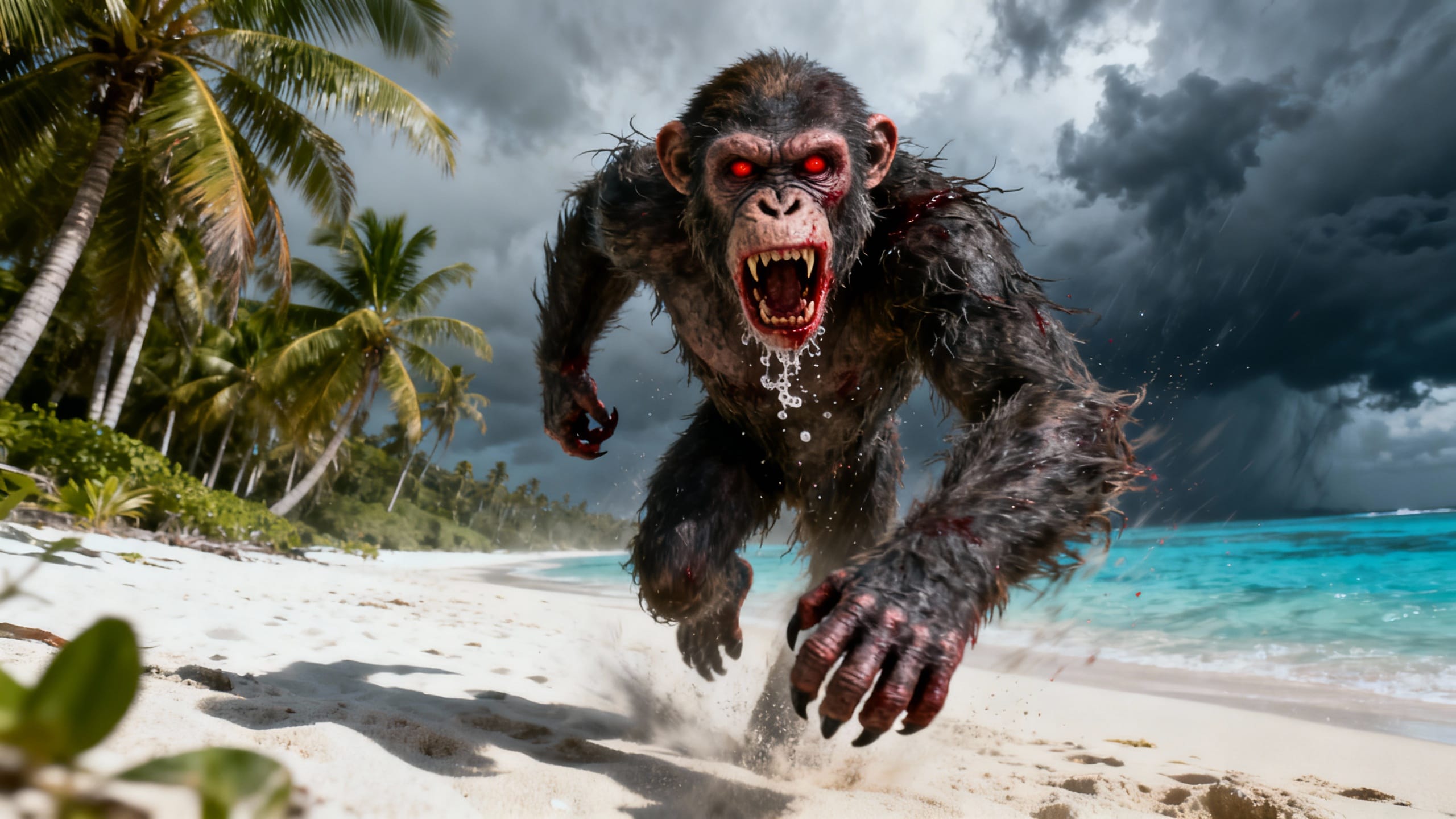 Singe monstrueux chargeant sur une plage tropicale orageuse.