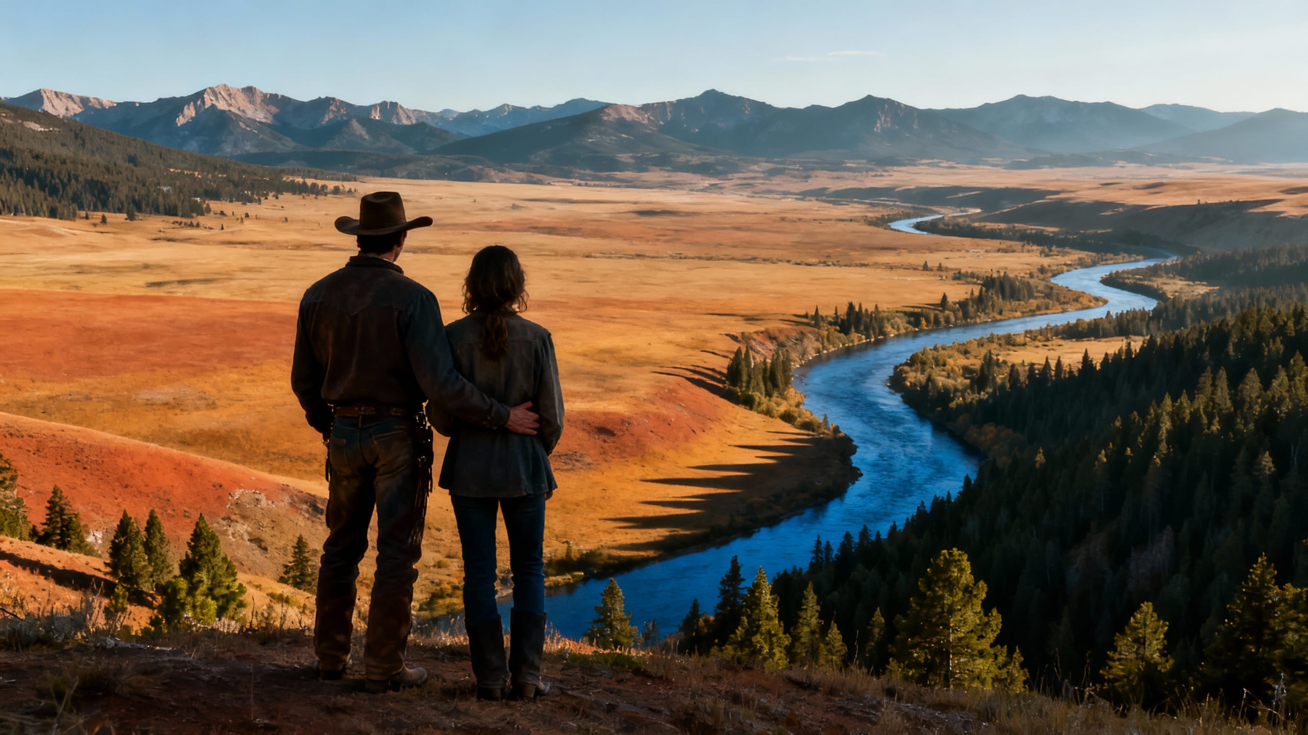Couple regardant rivière et montagnes au coucher du soleil.