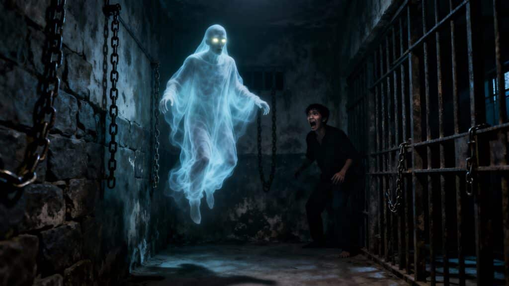 Fantôme lumineux effrayant un homme dans une cellule.
