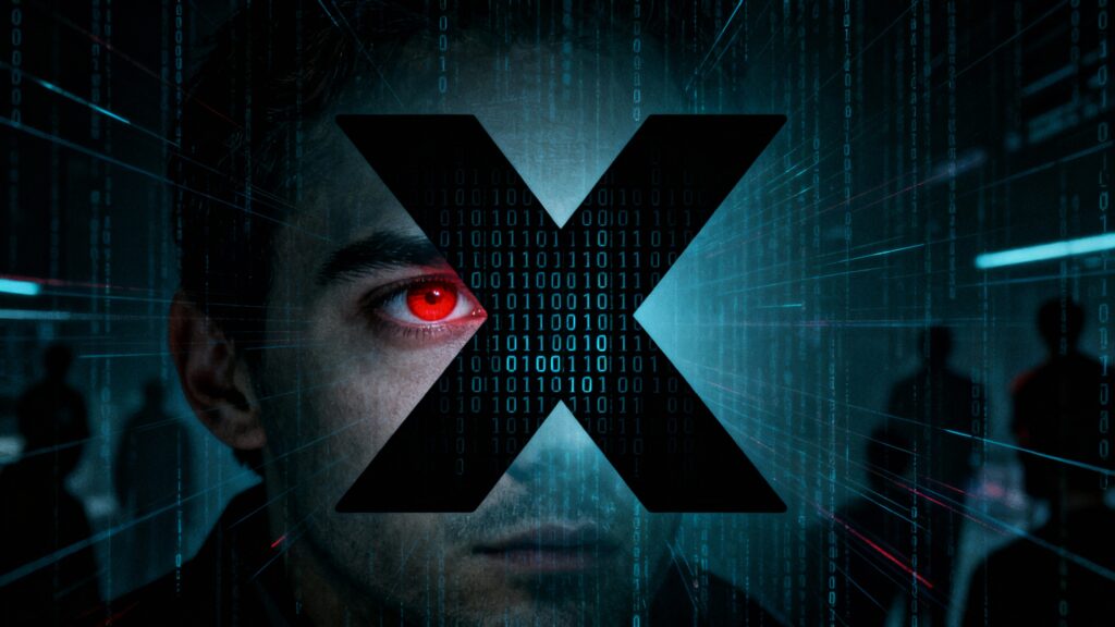 Œil rouge humain dans un décor numérique.