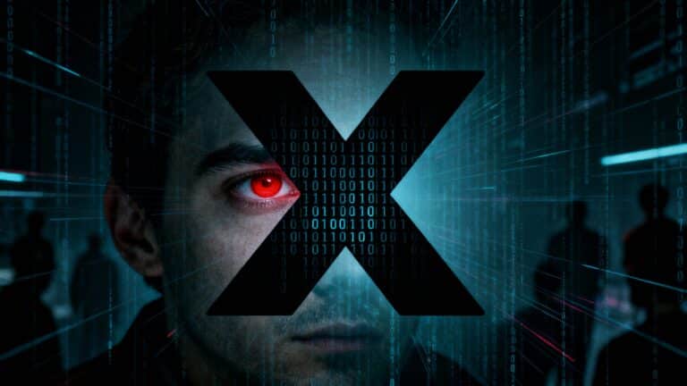 Œil rouge humain dans un décor numérique.