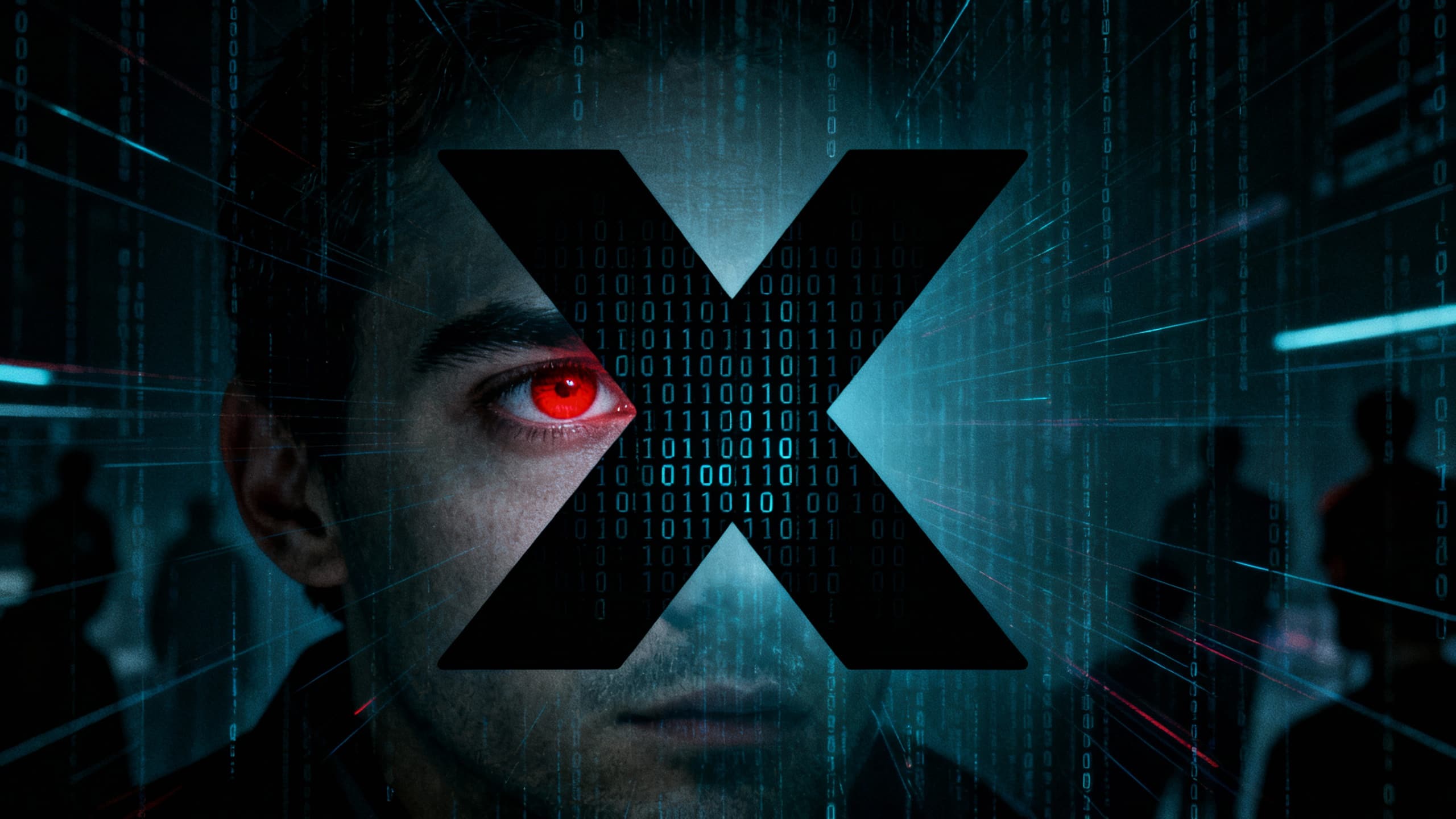 Œil rouge humain dans un décor numérique.