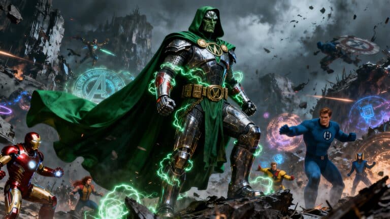 Bataille épique de super-héros dans un paysage apocalyptique.