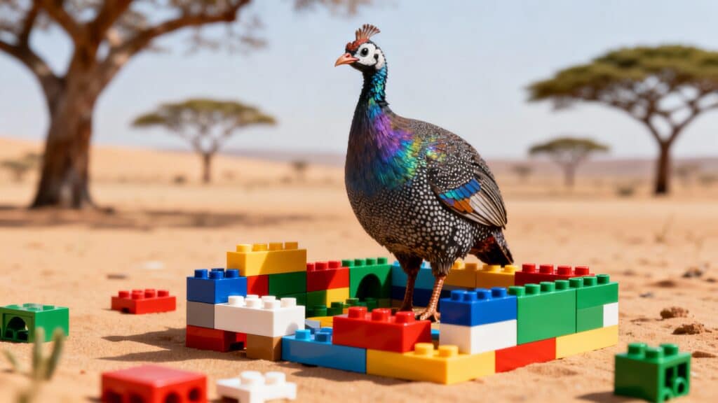 Oiseau coloré sur briques Lego dans le désert.