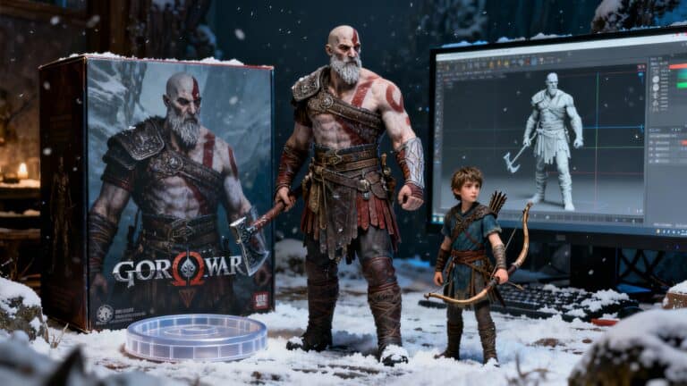 Figurines Kratos et Atreus devant ordinateur.
