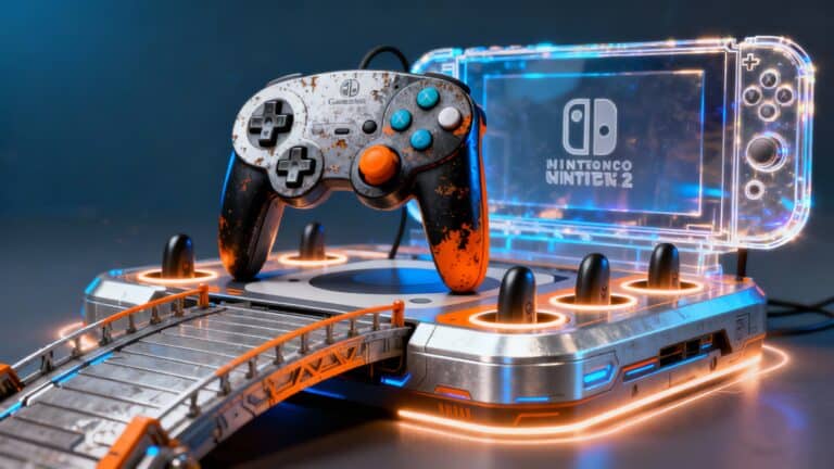 Manette de jeu futuriste sur socle éclairé.