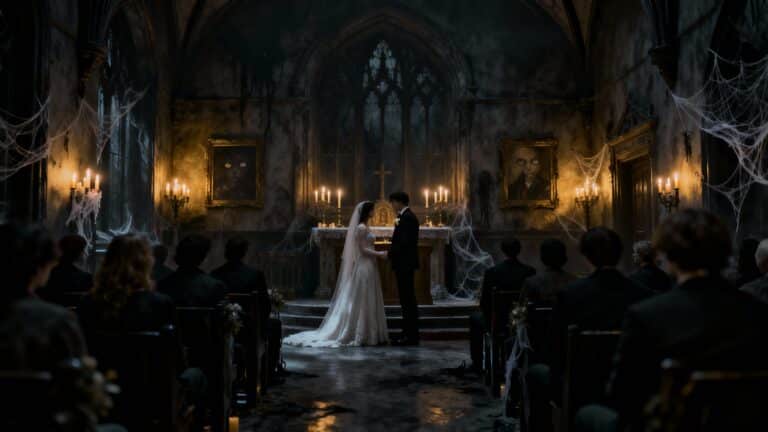 Mariage gothique dans une église sombre.