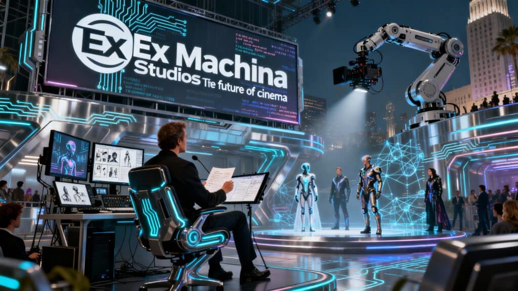 Plateforme futuriste avec robots et écran géant.