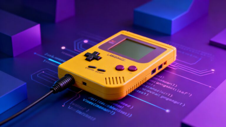 Console de jeu rétro jaune sur fond technologique.