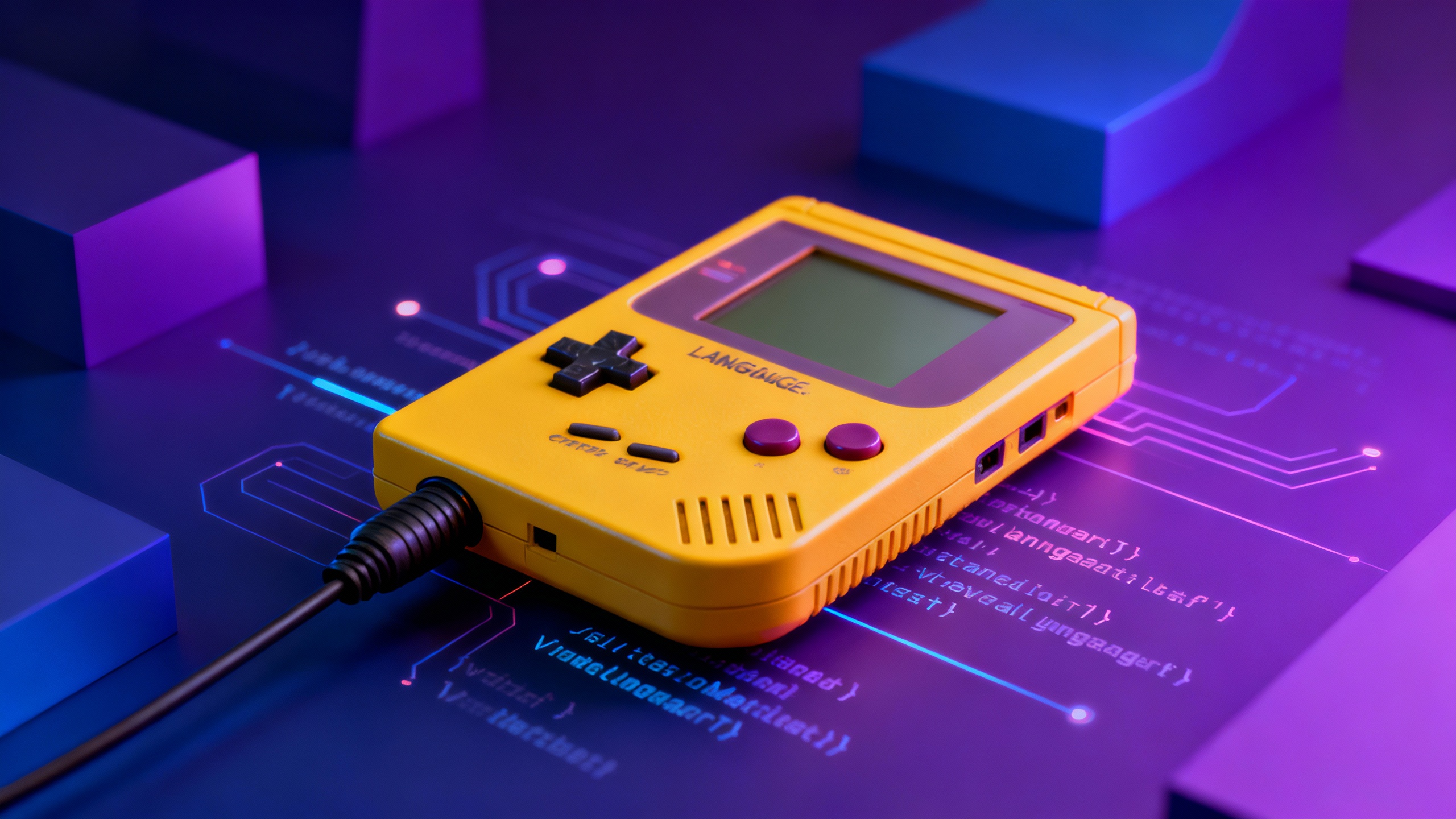 Console de jeu rétro jaune sur fond technologique.