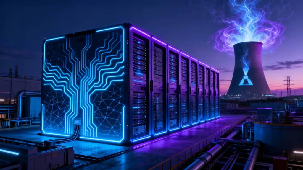 Data center futuriste avec centrale et énergie lumineuse.
