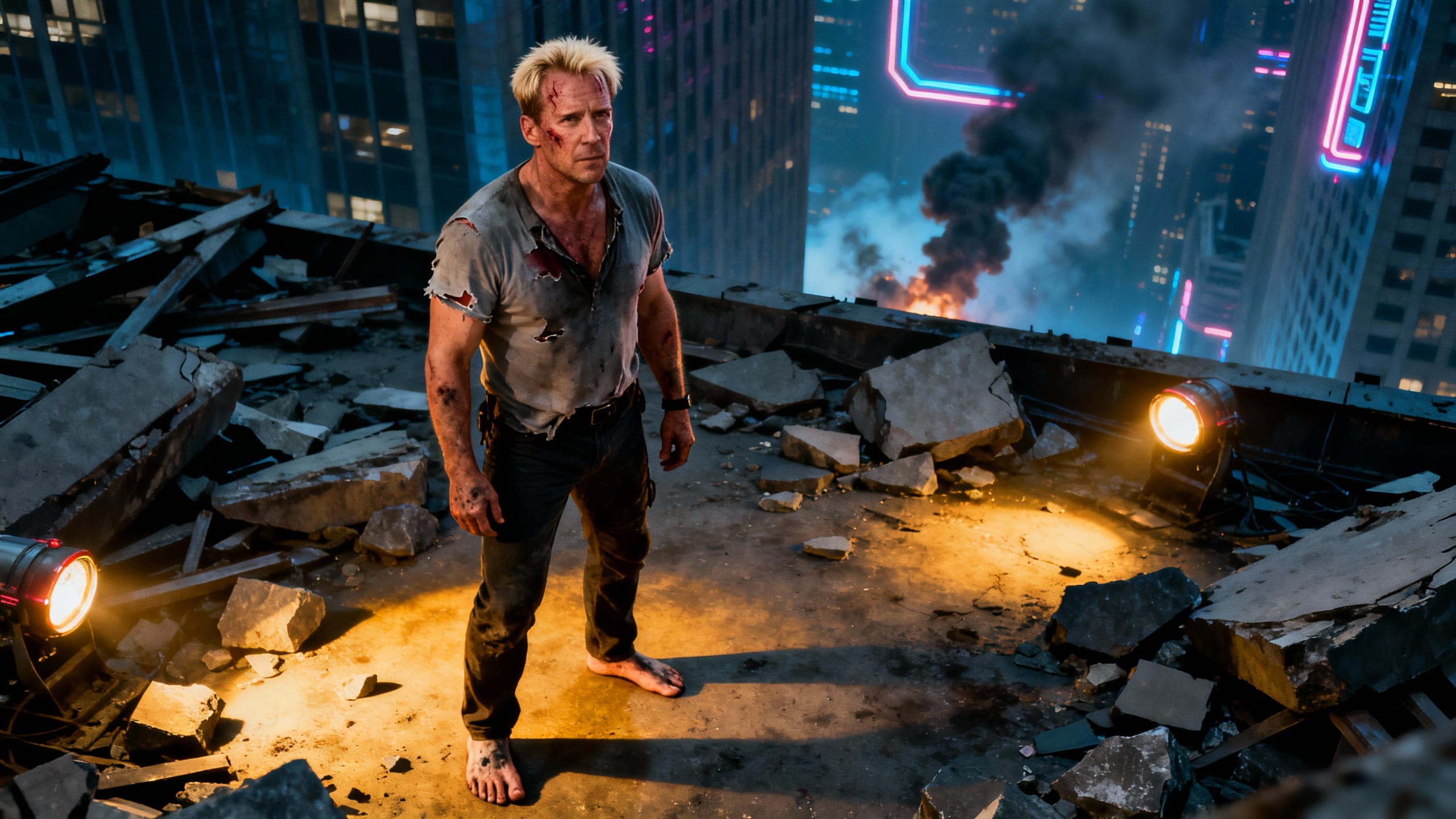 Homme sur toit détruit, fumée à l'arrière-plan.