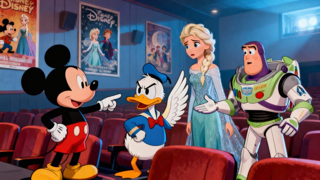Personnages Disney discutant dans un cinéma