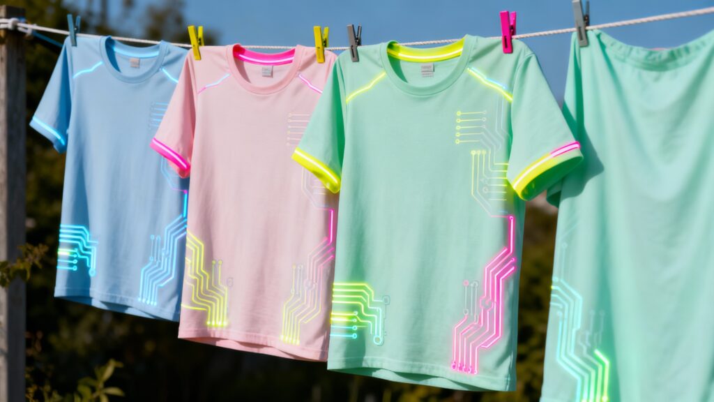 T-shirts colorés avec motifs circuits sur corde à linge.